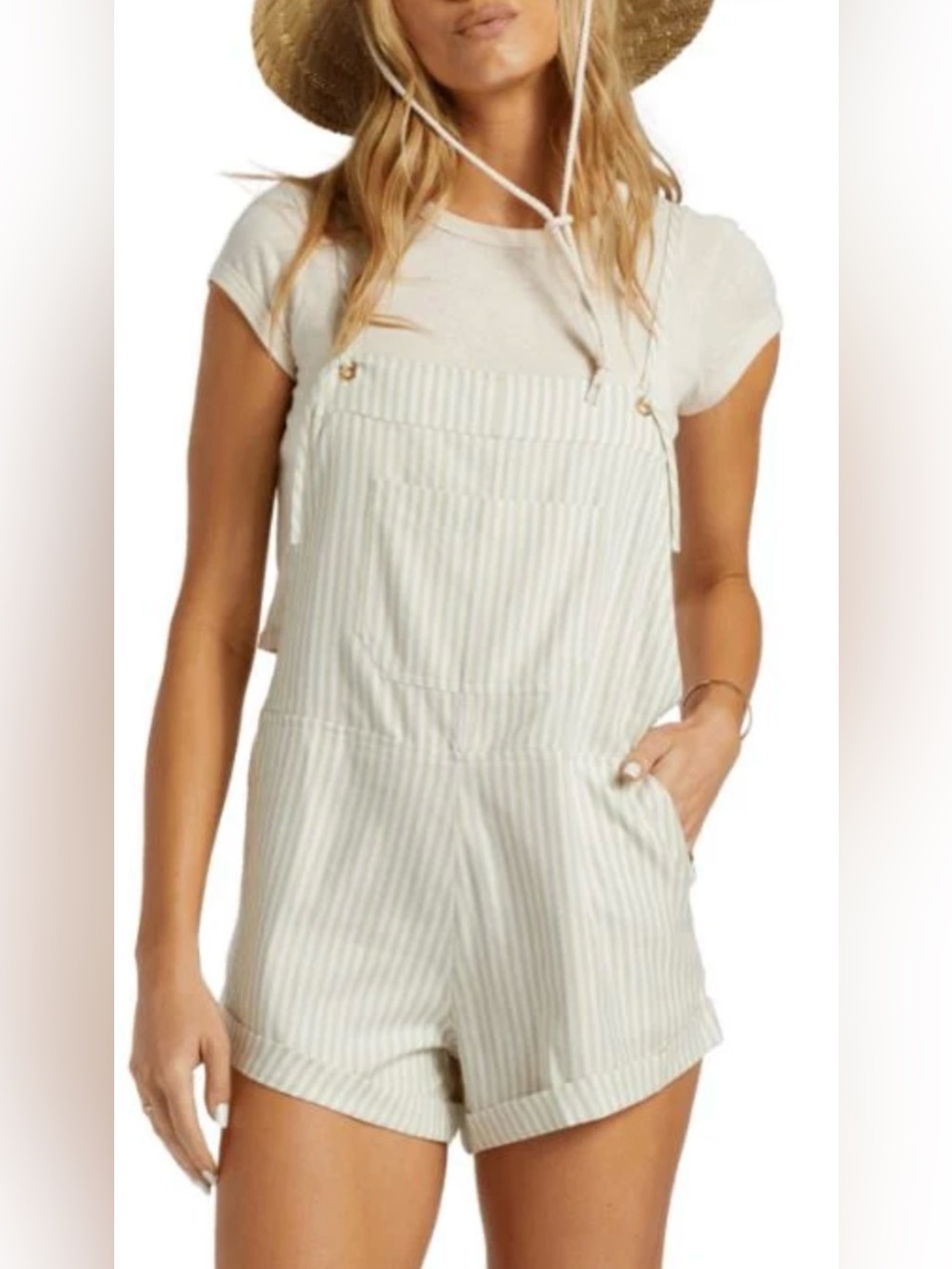 Billabong Cream & Light Green Striped Short Overalls